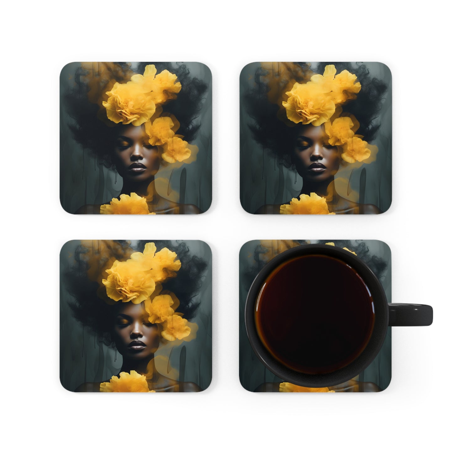 Corkwood Coaster Set - Yellow Carnations