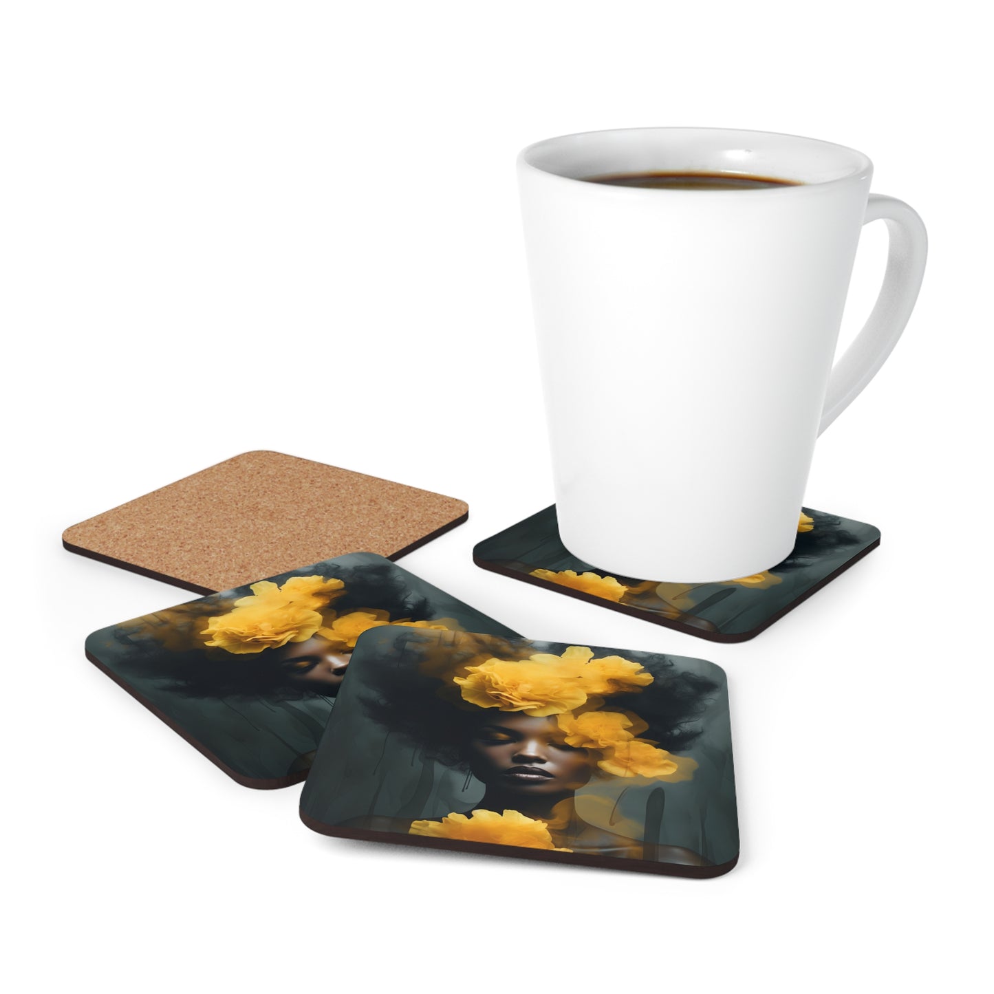 Corkwood Coaster Set - Yellow Carnations